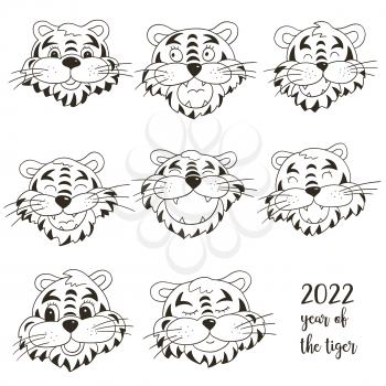 Faces of tigers. Symbol of 2022. Set of tigers in hand draw style. New Year 2022. Coloring vector illustrations