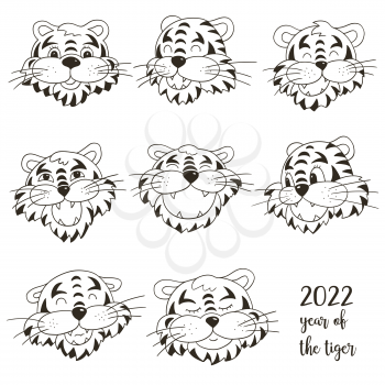Faces of tigers. Symbol of 2022. Set of tigers in hand draw style. New Year 2022. Monochrome vector illustrations