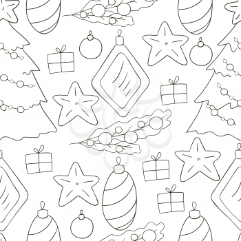 Monochrome Seamless vector pattern with stars, Christmas tree decorations. Can be used for fabric, packaging, wrapping paper, textile and etc