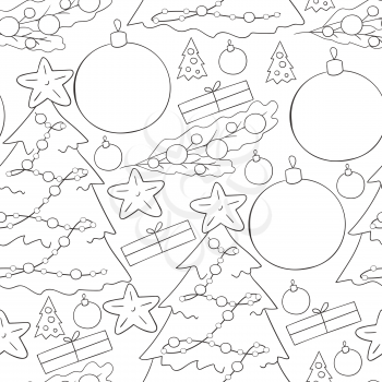 Monochrome Seamless vector pattern with stars, Christmas tree decorations. Pattern in hand draw style. Can be used for fabric, wrapping and etc