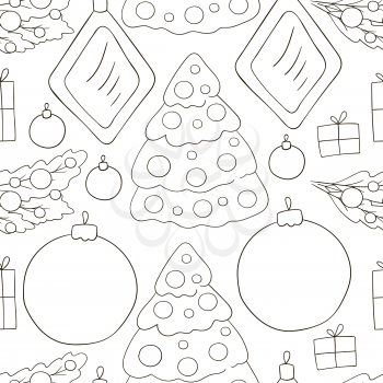 New Year's Coloring. Seamless vector pattern with Christmas tree decorations, gifts. Can be used for fabric, packaging, wrapping paper and etc