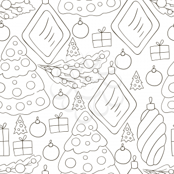 New Year's Coloring. Seamless vector pattern with Christmas tree decorations, gifts. Pattern in hand draw style. Can be used for fabric and etc