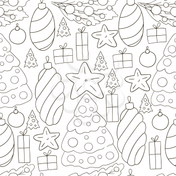 Pattern in hand draw style. Coloring Seamless vector pattern with Christmas tree decorations, gifts. New Year's Holidays. Can be used for fabric, packaging and etc