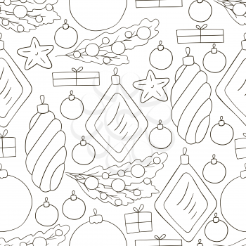 Pattern in hand draw style. Coloring Seamless vector pattern with stars, Christmas tree decorations. Can be used for fabric, wrapping and etc