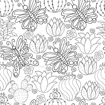 Seamless botanical illustration. Tropical pattern of different cacti, aloe, exotic animals. Butterflies, monochrome flowers