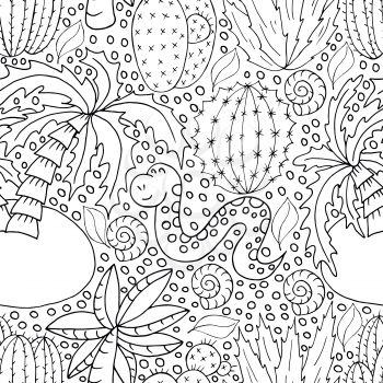 Seamless botanical illustration. Tropical pattern of different cacti, aloe, exotic animals. Shell, snake, palm trees, monochrome flowers