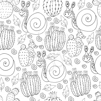 Seamless botanical illustration. Tropical pattern of different cacti, aloe, exotic animals. Snails, monochrome flowers