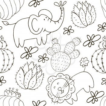 Seamless botanical illustration. Tropical pattern of different cacti, exotic animals. Lion, elephant, monochrome flowers