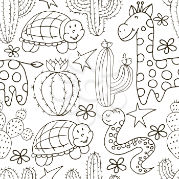 Seamless botanical illustration. Tropical pattern of different cacti, exotic animals. Turtle, snake, giraffe, monochrome flowers