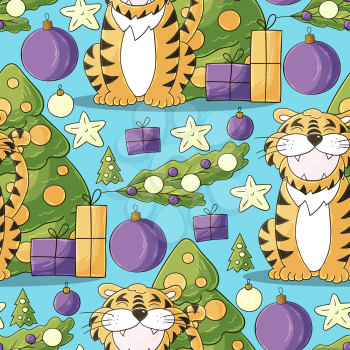 Seamless pastel pattern for year of the tiger 2022. Pattern in hand draw style. Tiger, Christmas tree, gifts. Can be used for fabric and etc