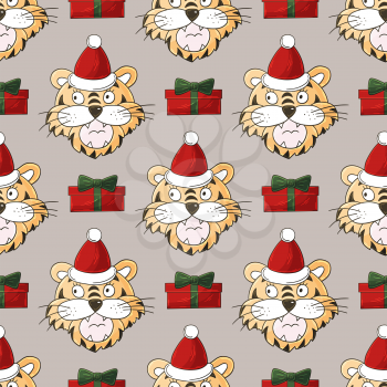 Seamless pastel pattern with tigers heads in New Year's hats, gifts. Pattern in hand draw style. Year of the tiger 2022. Can be used for fabric, wrapping and etc