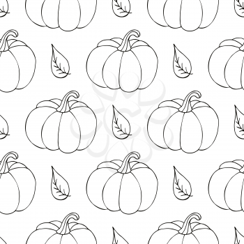 Seamless pattern for Halloween design. Vector illustration in hand draw style. Coloring print with cute pumpkins and leaves