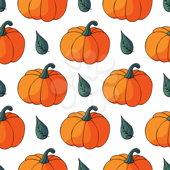 Seamless pattern for Halloween design. Vector illustration in hand draw style. Decorative print with cute pumpkins and leaves