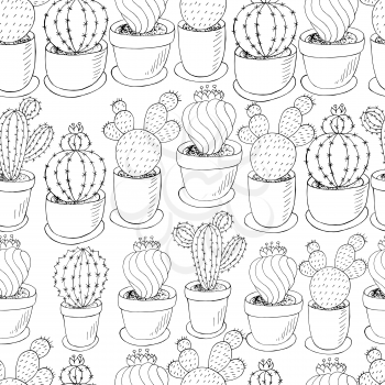 Seamless pattern of different cacti. Cute vector background of flowerpots. Tropical monochrome wallpaper. Trendy image