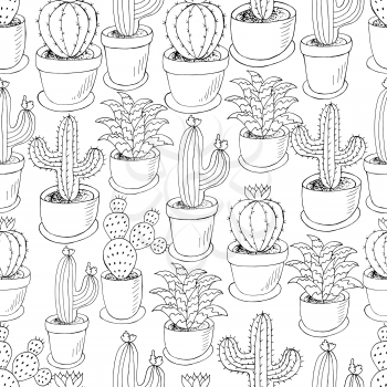 Seamless pattern of different cacti. Cute vector background of flowerpots. Tropical monochrome wallpaper. Trendy image is ideal for fabrics, design creativity