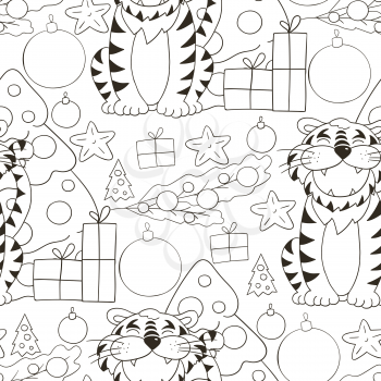 Seamless vector pattern for year of the tiger 2022. Pattern in hand draw style. Tiger, Christmas tree, gifts. Can be used for Coloring