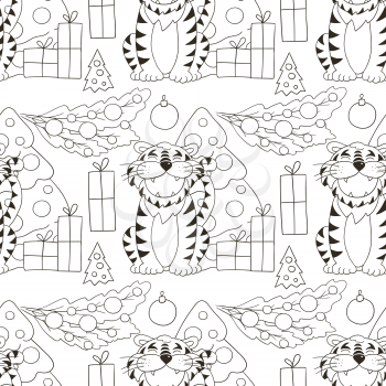 Seamless vector pattern for year of the tiger 2022. Pattern in hand draw style. Tiger, Christmas tree, gifts. Can be used for fabric, Coloring and etc