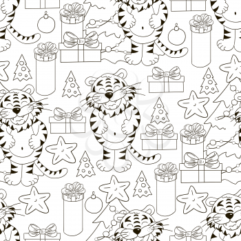 Seamless vector pattern for year of the tiger 2022. Pattern in hand draw style. Tiger, Christmas tree, gifts, Coloring decorations. Can be used for fabric