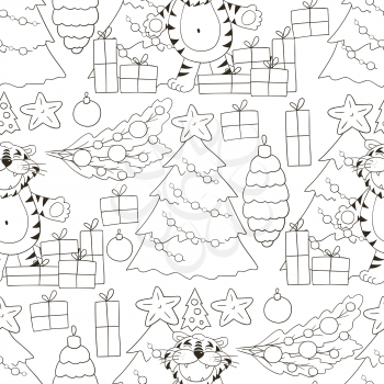 Seamless vector pattern for year of the tiger 2022. Pattern in hand draw style. Tiger, Coloring, gifts