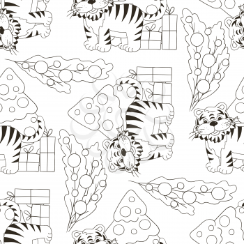 Seamless vector pattern for year of the tiger 2022. Pattern. Tiger, Christmas tree, gifts. Can be used for fabric, Coloring, wrapping paper and etc