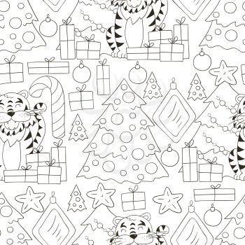 Seamless vector pattern for year of the tiger 2022. Pattern. Tiger, Christmas tree, gifts, candy cane. Can be used for fabric, Coloring, wrapping paper and etc