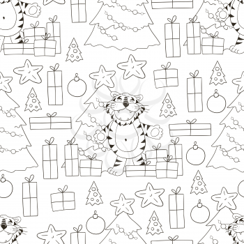 Seamless vector pattern for year of the tiger 2022. Pattern. Tiger, Christmas tree, gifts, Christmas decorations. Can be used for fabric, Coloring and etc