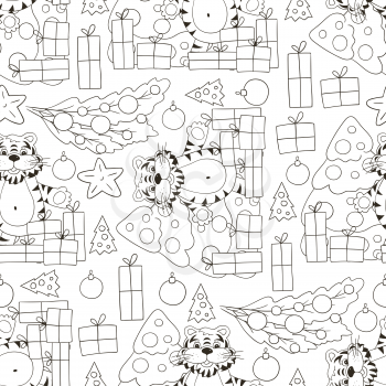 Seamless vector pattern for year of the tiger 2022. Pattern. Tiger, Christmas tree, gifts, Christmas tree decorations. Can be used for Coloring, textile and etc