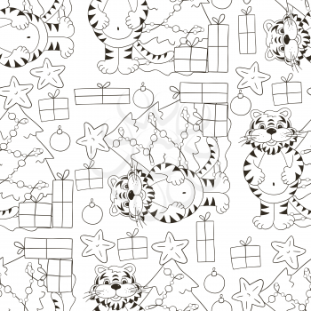Seamless vector pattern for year of the tiger 2022. Tiger, Christmas tree, gifts, Christmas tree decorations. Can be used for fabric, Coloring, wrapping and etc