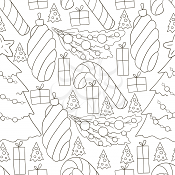 Seamless vector pattern with candy cane, Christmas tree decorations. Monochrome Pattern in hand draw style. Can be used for fabric and etc