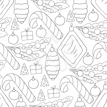 Seamless vector pattern with candy cane, Christmas tree decorations. Monochrome Pattern in hand draw style. Can be used for fabric, wrapping and etc
