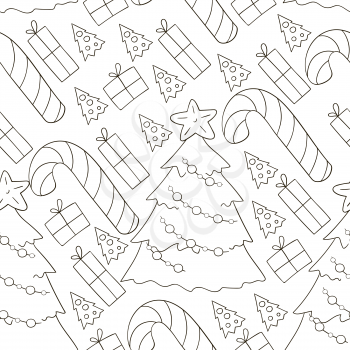 Seamless vector pattern with candy cane, gifts. Coloring background. Pattern in hand draw style. Can be used for fabric, wrapping paper and etc