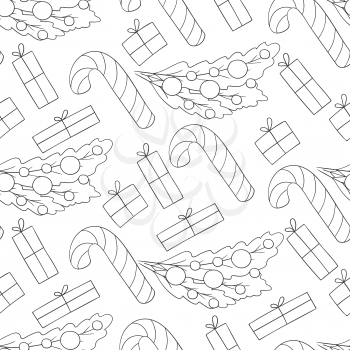 Seamless vector pattern with candy cane, gifts. Coloring Pattern in hand draw style. Christmas background. Can be used for fabric, wrapping paper and etc