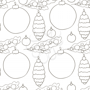Seamless vector pattern with Christmas tree decorations, gifts. Pattern in hand draw style. New Year's Coloring. Can be used for fabric and etc