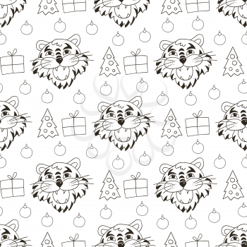 Seamless vector pattern with the heads of tigers in Christmas hats, Christmas trees. Pattern. Year of the tiger 2022. Can be used for Coloring and etc
