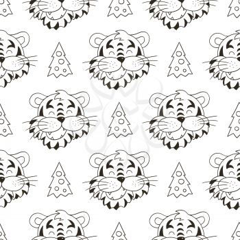 Seamless vector pattern with the heads of tigers in Christmas hats, Christmas trees. Year of the tiger 2022. Can be used for fabric, Coloring and etc