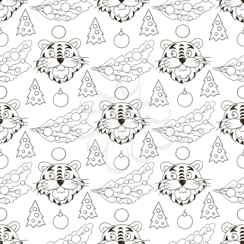 Seamless vector pattern with tiger heads, Christmas trees, Christmas tree decorations. Year of the tiger 2022. Can be used for fabric, Coloring, textile and etc