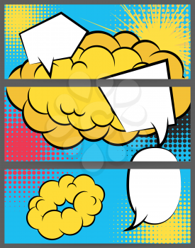 Comic speech balloon explosion on halftone dot background pop art style. Collection abstract creative hand drawn colored blank bubble. Comic book text dialog empty cloud. For sale banner set.