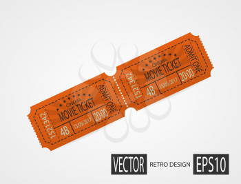 Orange retro cinema ticket. Designer vector illustration isolated on white background. Vintage texture ticket paper in old pop art style. Coupons.