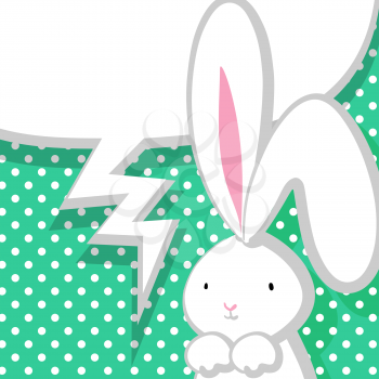 White cute rabbit with big ears pink nose, congratulates Easter, Birthday or other holiday. Vector festive hand drawn illustration. Comic bubble, empty balloon. Aquamarine halftone background.