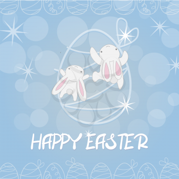 Blue greeting card in pastel colors with bokeh, white little baby Easter rabbit. Funny bunny climbing on Easter egg. Vector illustration, cartoon hand drawn character