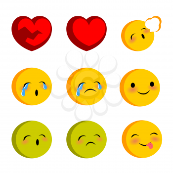 Emotional faces smiles cry sick set. Vector illustration smile icon. Face emoji yellow icon. Smile cute funny emotion face on transparent background. Red heart, sad expression message, sms.