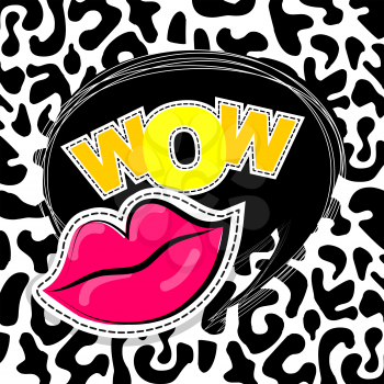 Fashion patch badges elements lips, comic speech bubbles Leopard pattern background. Vector illustration lettering wow. Woman stickers, pins, patches cartoon 80s-90s comic text style balloon.