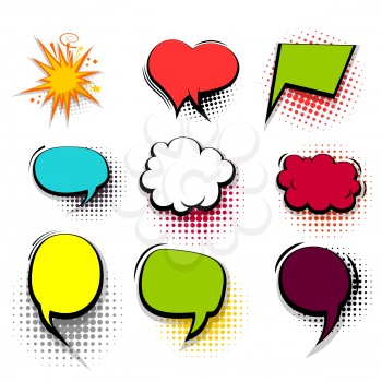 Comic funny collection empty colored cloud pop art vector heart shape. Big set colorful message bubble speech for comic cartoon expression illustration. Comics book background template.