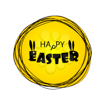 Greeting Happy Easter from ugly monsters funny rabbits. Lettering Easter. Silhouette of Bunny with long ears. Funny party invitation. Congratulations. Yellow vector illustration.
