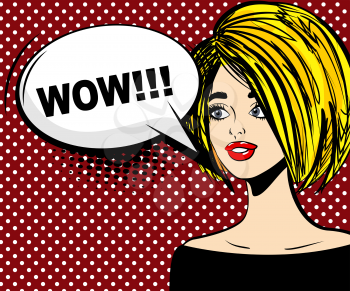 Comics style. Vector illustration. Surprised attractive pop art blonde girl says wow. Pin up woman with sensual sexy red lips talking. Comic speech bubble phrase wow.