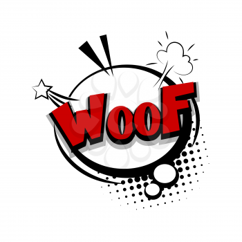Lettering woof, dog, puppy. Comic text sound effects. Bubble icon speech phrase. Cartoon exclusive font label tag expression. Sounds vector illustration. Comics book balloon