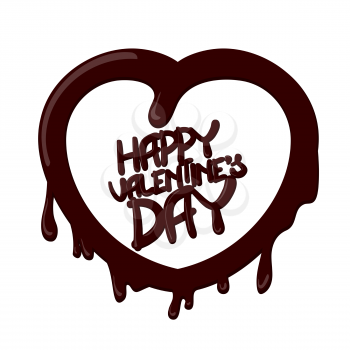Realistic chocolate shape of heart with splashes card. Happy Valentines Day lettering. Vector illustration. Banner Valentines day. Chocolate dessert.