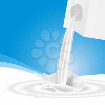 White milk splash pouring out of white box. Package design of dairy products. Flavored Milk Label Template. Vector Illustration. Blot on blue background.