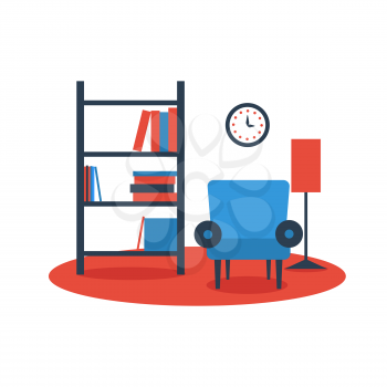 bookshelf armchair interior design on white background flat vector icon. Vector illustration of living room interior design. Furniture arrangement.