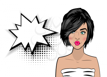 Beautiful colorful sexy girl with short black hair, kiss mouth style pop art speak. Comic book halftone background. Vector colored dot illustration. Empty blank comic text speech bubble.